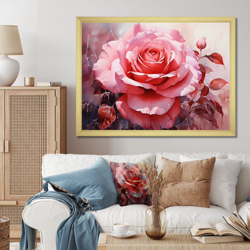 Infinite rose rose sur toile, Encadrement doré, H 34 po x l 44 po x P 1,5 po