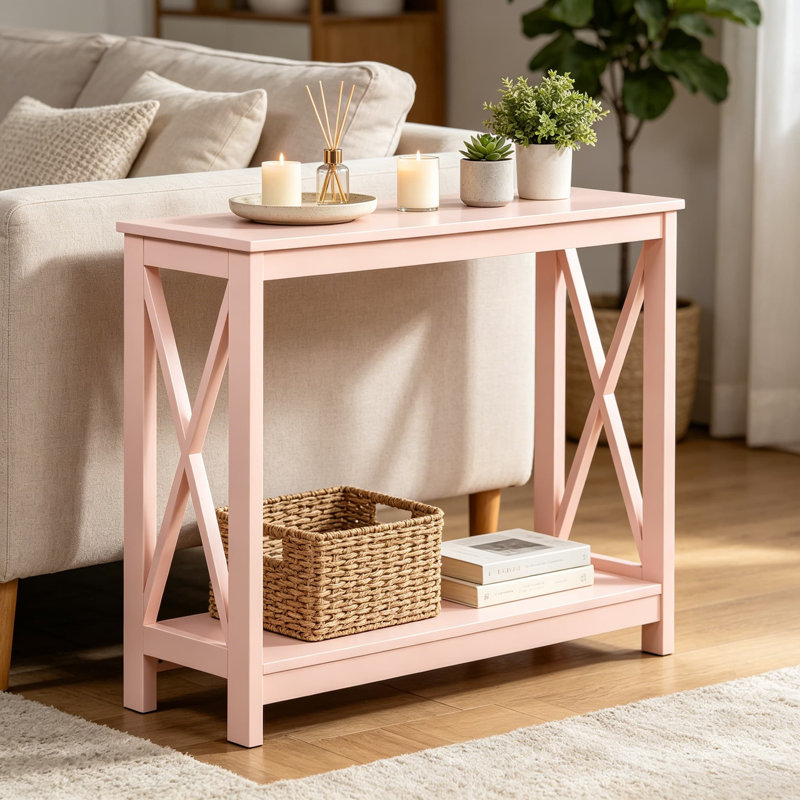 Console Oxford avec tablette de rangement, table de canapé transitionnelle pour vestibule, salon et chambre à coucher, table de vestibule avec panneaux latéraux en forme de X
