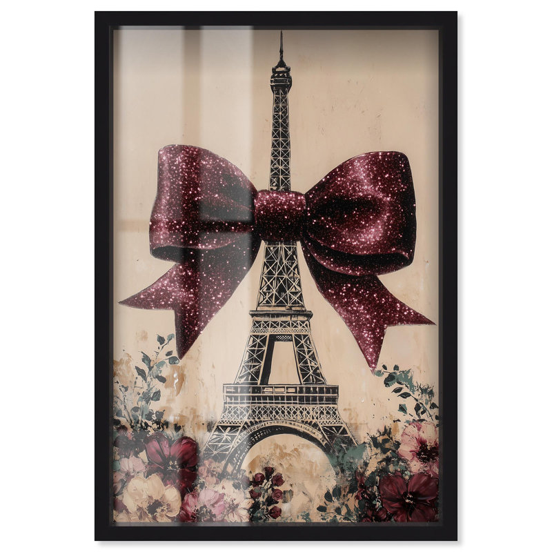 «Sparkling Bow Tour Eiffel Shadowbox Print» par Art Remedy, Noir, H 16 po x l 11 po