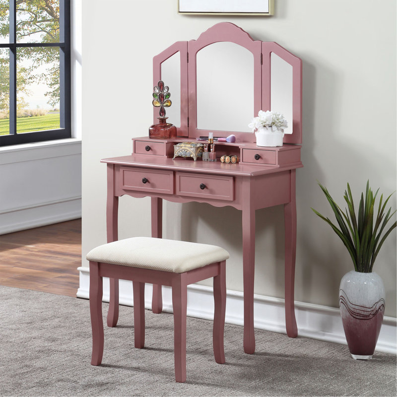 Ensemble coiffeuse et tabouret en bois Sanlo, Rose Gold