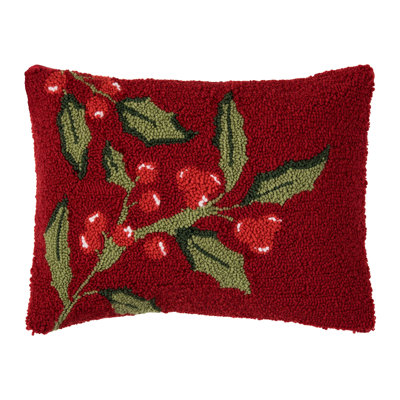 Merry Holly Berry Hooked Christmas Throw Pillow 12" x 16"