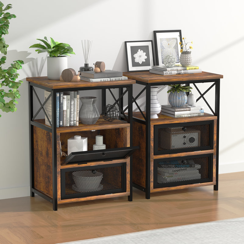 Narrow Side Table Set Of 2 With Drawer, End Table Set, Bedside Furniturefor Small Spaces, Brown