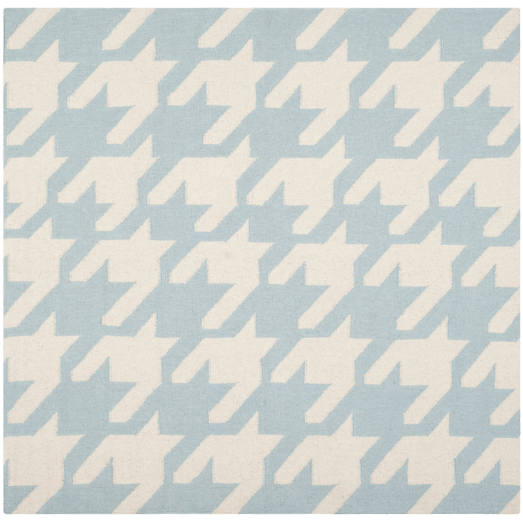 Mccall Hand Woven Flat Weave Wool/Cotton Houndstooth Rug in Light Blue/Ivory