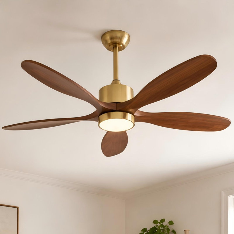 Ventilateur de plafond de 52 po à 5 pales en bois massif avec éclairage DEL, Or
