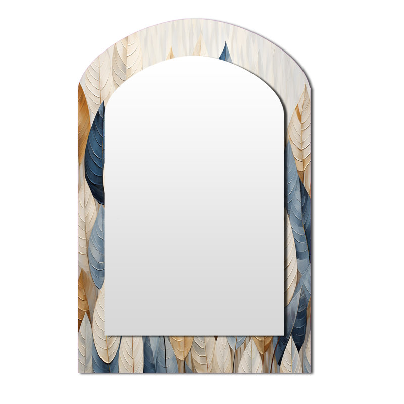 Beige et bleu minimalisme feuilles Collage I - miroir mural décoratif asymétrique, miroir arqué traditionnel, impression sur métal