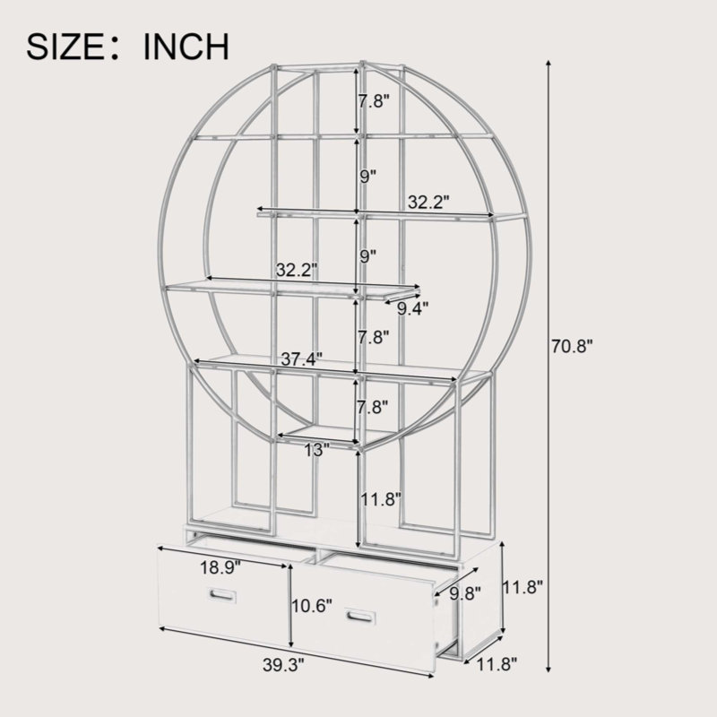 Nariya 5 Tiers Steel Round Office Bookcase,High-quality MDF Board Bookshelf with Open Display Shelf and 2 Drawers