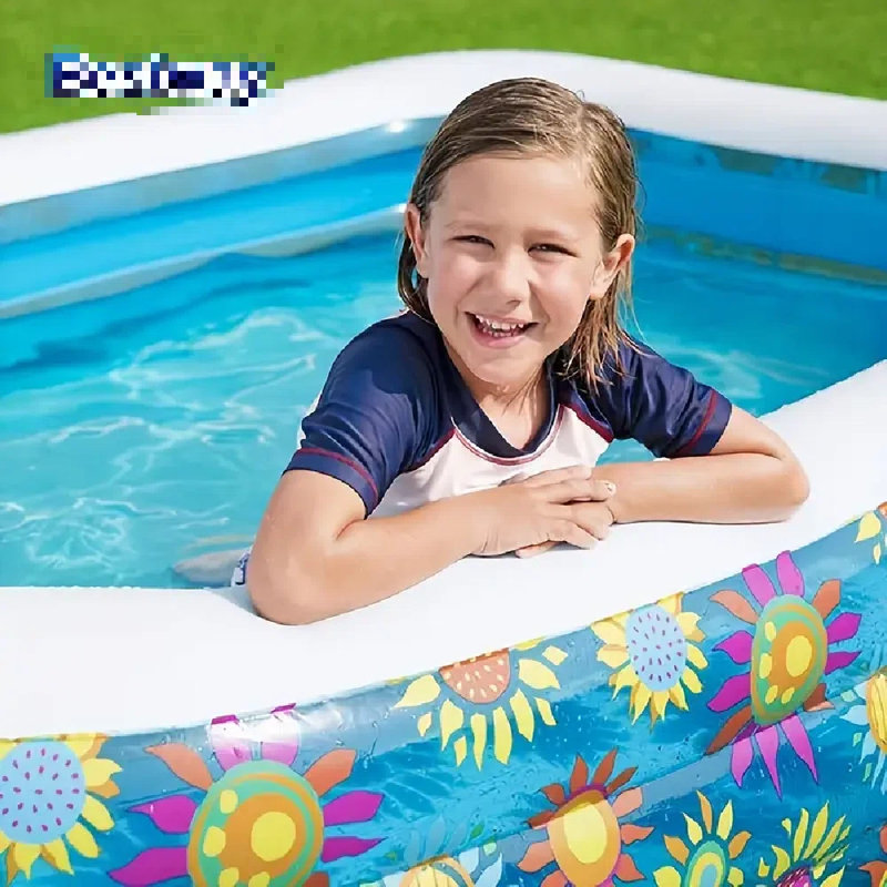 Inflatable Pool - Rectangular 4-6 Person Summer Pool For Backyard, Garden & Water Parties, Durable 2-Layer Design With Vibrant Floral Pattern, No Pump Needed, Pool Float