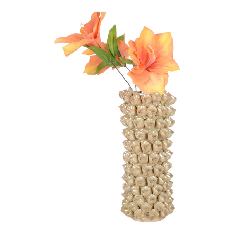 Vase décoratif en céramique avec motif floral texturé pour décoration intérieure, 13", Crème, crème