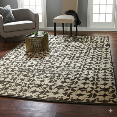 Tapis noir moderne à motif géométrique noir en laine nouée à la main