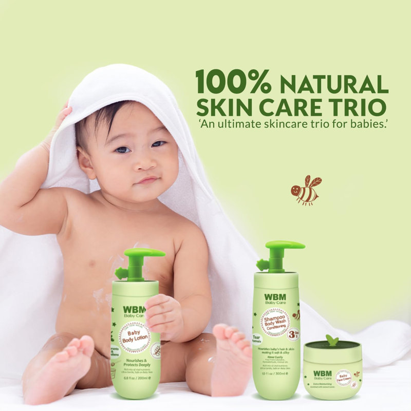 Ensemble-cadeau WBM Baby Care, shampooing et lavage du corps 3-en-1, crème hydratante pour le visage et lavage naturel des mains