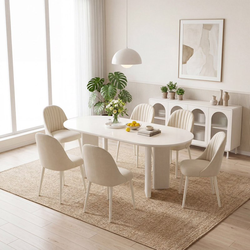 Ensemble de table de salle à manger ovale avec 6 chaises, blanc et beige, salle à manger, 7 pièces: table, 6 chaises