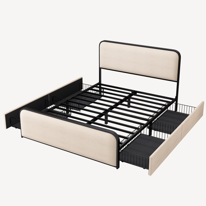 Structure de lit en métal avec tête de lit tapissier courbée et pied de lit avec 4 tiroirs de rangement, Beige/noir, Grand