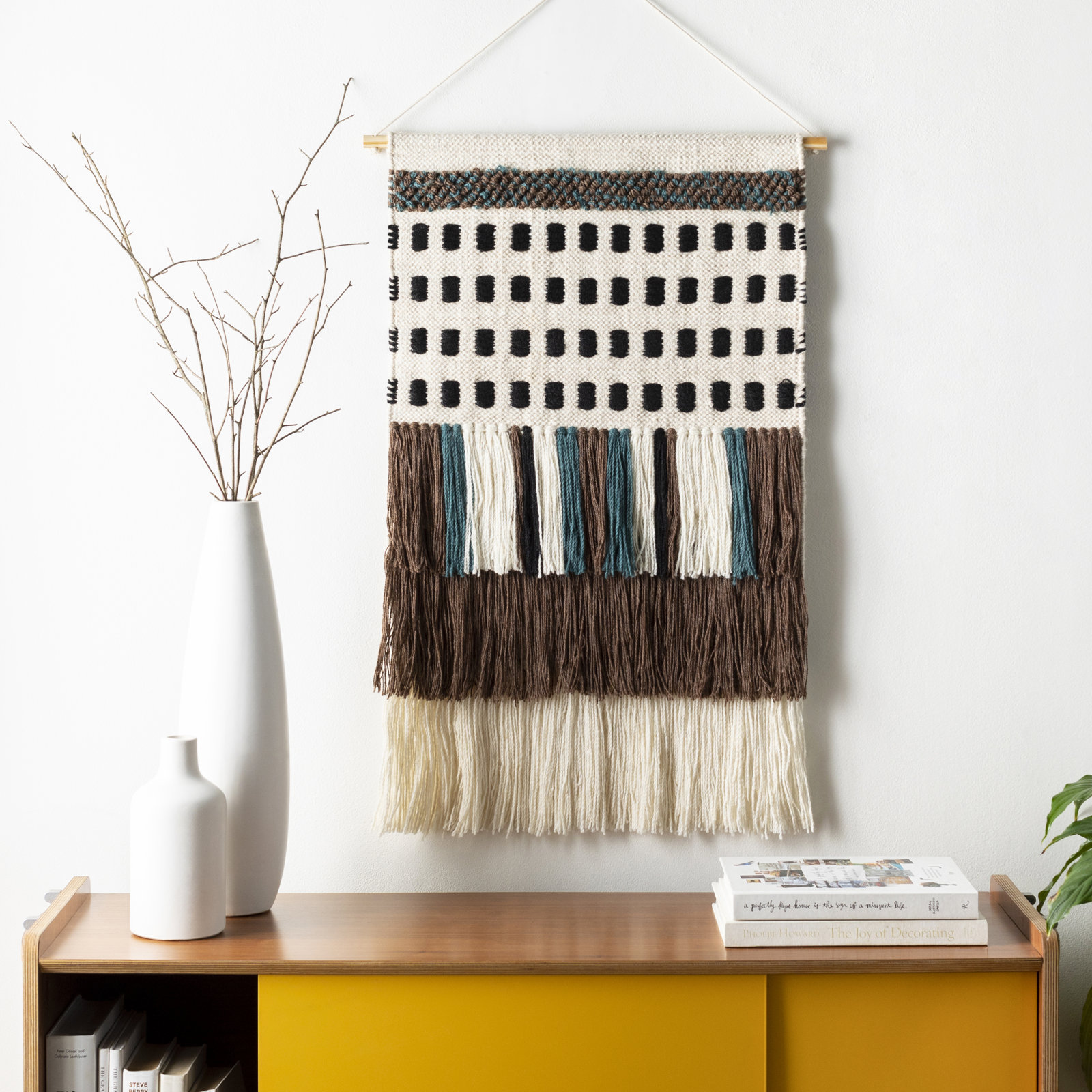 Maride Hand Woven Blended Fabric Wall Hanging - Rod Included, Brown/Light Beige/Black/Deep Teal/Cream