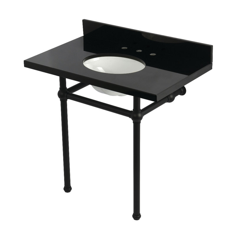 Kingston Brass Templeton 36-Inch Black Granite Console Sink with Brass Legs (8-Inch, 3-Hole), Black Granite/Matte Black