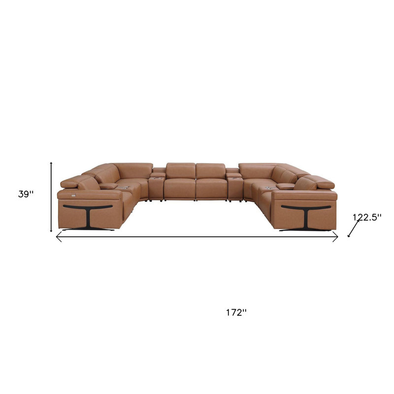 Canapé modulaire en U en cuir de châtaignier inclinable électrique avec console
