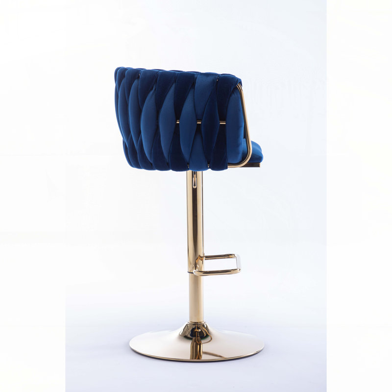Chrome Footrest and Base Swivel Height Adjustable Mechanical Lifting Velvet + Golden Leg Simple Bar Stool, Navy