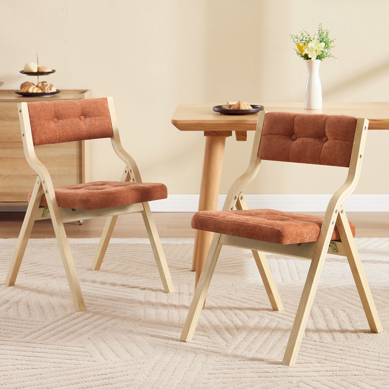 Elegantly Designed Foldable Chair With Solid Wood Frame And Button-Tufted Upholstered Backrest And Seat, Orange/Natural