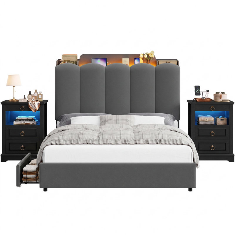 Aldfreck 3 Piece Upholstered Velvet Bedroom Set, Gris / Noir, Lit double
