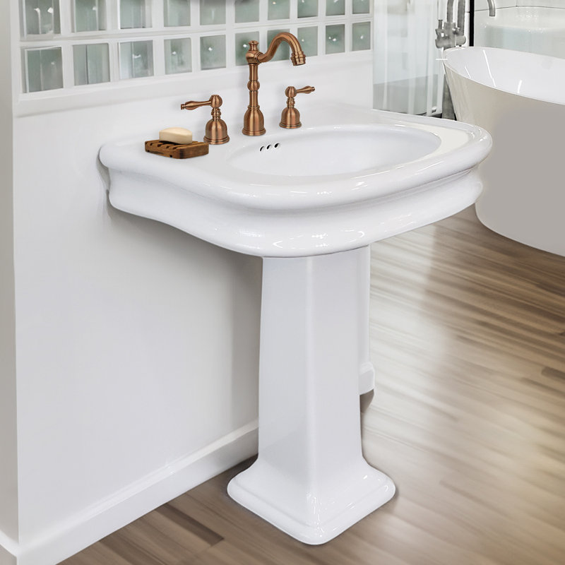 Isabella 34" White Ceramic Rectangular Pedestal Bathroom Sink with Overflow, 8" Centers