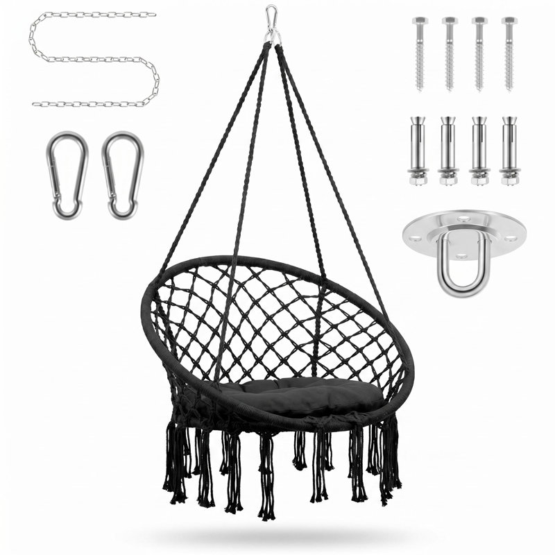 Balancelle stable en macramé, fauteuil suspendu pour chambre à coucher avec coussin moyen, balancelle robuste pour chambre à coucher avec structure en acier d'une seule pièce