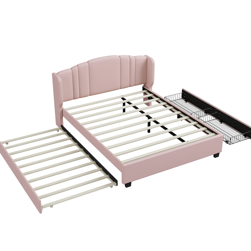 Lit plateforme tapissier avec tête de lit à oreilles, couleur rose - sans sommier, 2 tiroirs et lit gigogne simple pour l'organisation et le style de la chambre à coucher