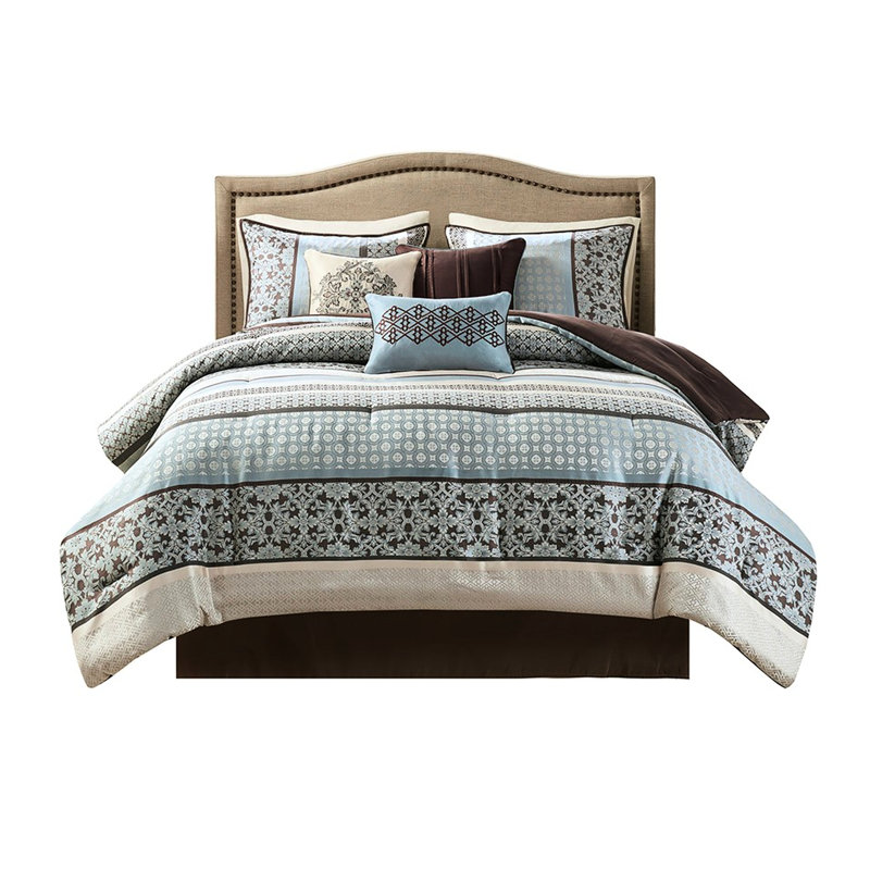 Édredon 7 pièces bleu grand - motif géométrique complexe, 100% brossé, avec jupe de lit, coussins décoratifs pour imprimés élégants, rembourrage inclus