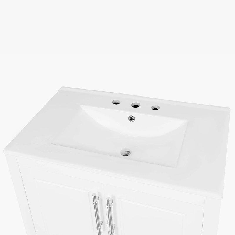 30" White Wood Freestanding Single Sink Bath Vanity with Ceramic Top