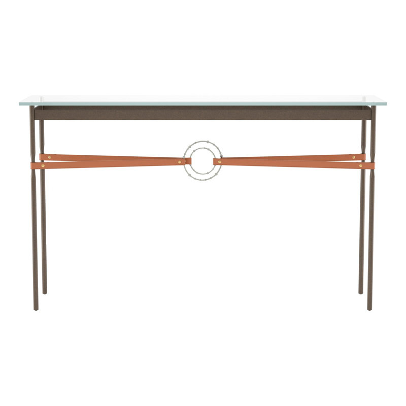 Equus 54" W Glass Top Console Table, Sterling, Chestnut Leather, Bronze