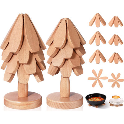 Ensemble de 8 sous-verres Tree, sous-plat en bois pour plats chauds, 2 sous-pieds pliables en forme d'arbre avec 2 supports, tapis décoratif pour tapis de cuisine décoratifs pour fondue, casseroles, tasses (bois de hêtre)