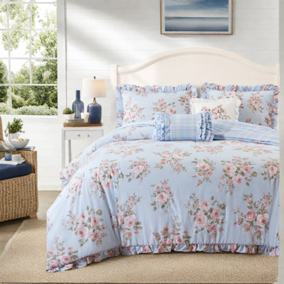 Blue Floral Bedding Sets, Full Microfiber Comforter, Farmhouse Bedroom
