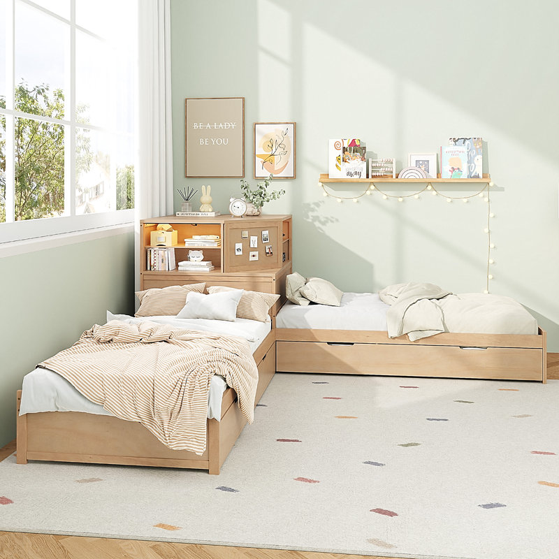 L-Shaped Combination Twin Bed With Trundle And Drawer,3-In-1 Low Corner Platform Bed Linked With Built-In Desk And Led Downlight