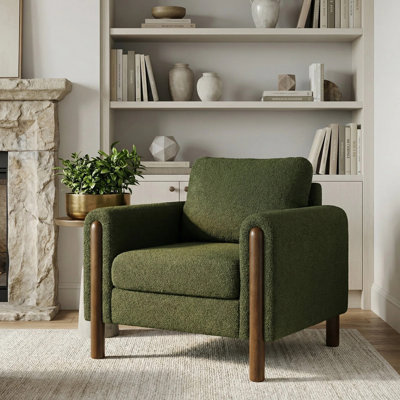 Arora Mid-Century Modern Teddy Fabric Upholstered Accent Chair with Solid Wood Legs and Cushioned Back