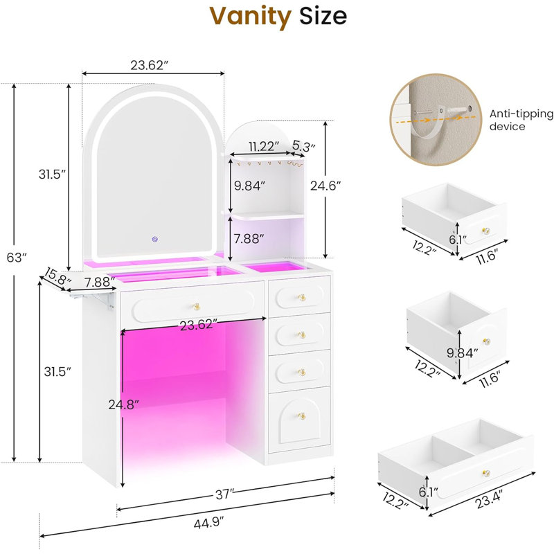 Makeup Vanity Desk With LED Lighted Mirror & 5 Drawers, White Vanity Table/Dressing Desk With Power Outlet & Open Storage Shelf For Bedroom, Large Vanity Table, 3 Color Modes