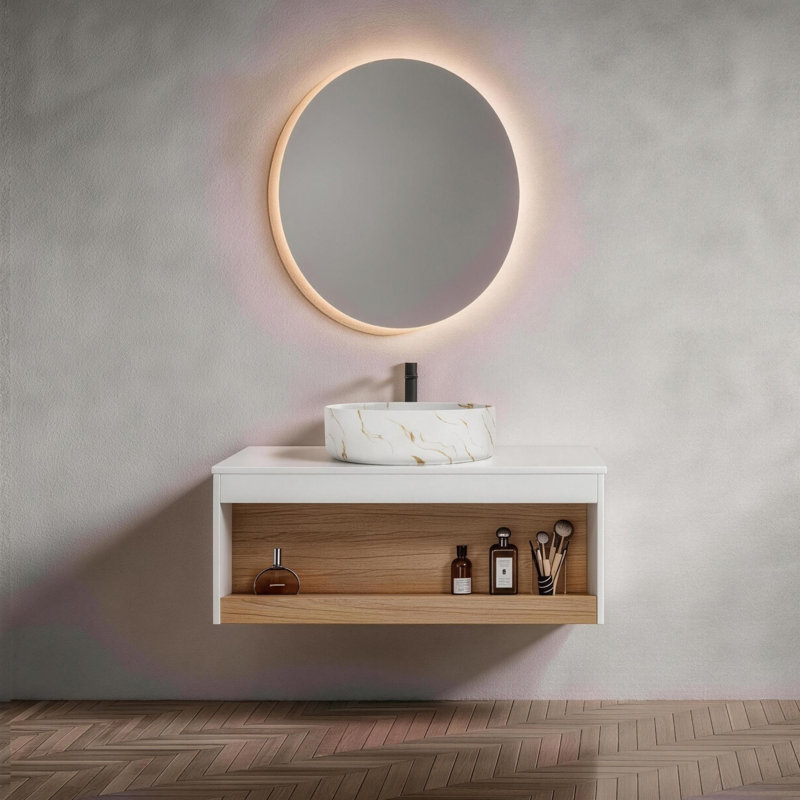  Meuble-lavabo flottant 36 po, lavabo vasque en marbre veiné doré, chêne clair et blanc, L 35 po