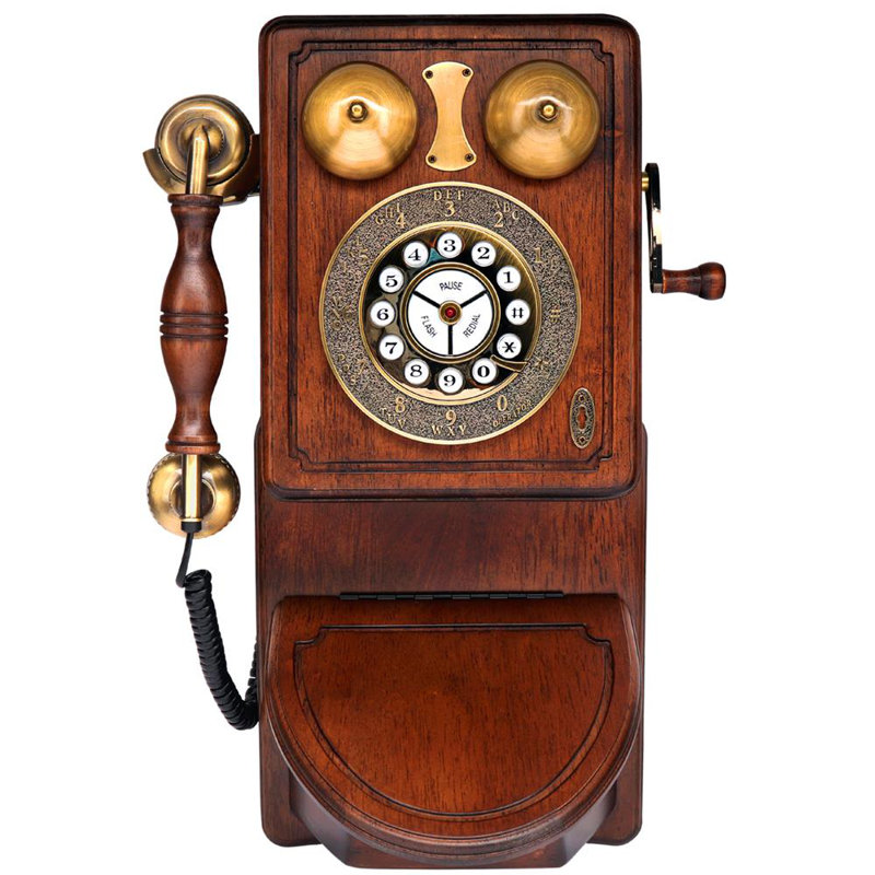  Téléphone filaire mural rétro classique - Design rétro avec manivelle, interrupteur de tonalité / impulsion, fonction de recomposition, bois et placage fabriqués à la main, téléphone fixe antique