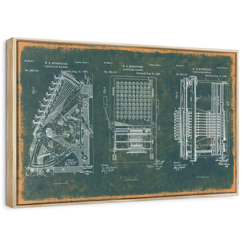 Machine à calculer brevet bleu sarcelle, Cadre flottant en bois naturel, 37 po x 25 po