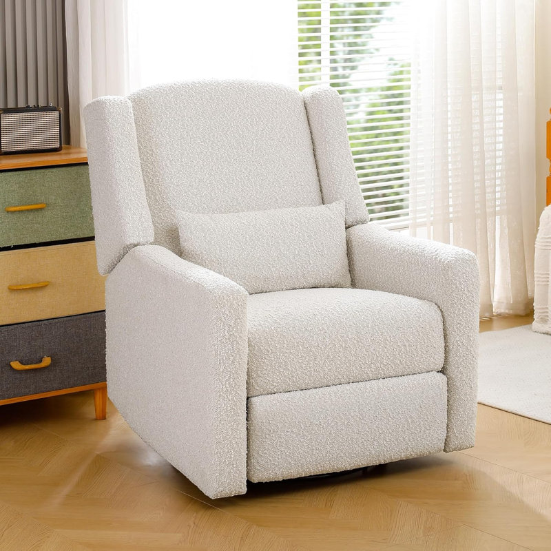 Ivory Bouclé Power Recliner With USB Charging – Modern Wingback Armchair For Living Room Or Nursery -Beige, Beige Boucle