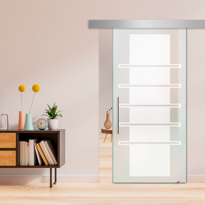 Porte de grange coulissante en verre sans cadre avec design moderne givré + ensemble de quincaillerie (double-privé)