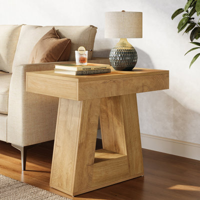 Set Of 2 Modern 24" 2-Tier Side Tables, Narrow Wooden End Tables With Trapezoid Base & Farmhouse Wood-Grain Finish