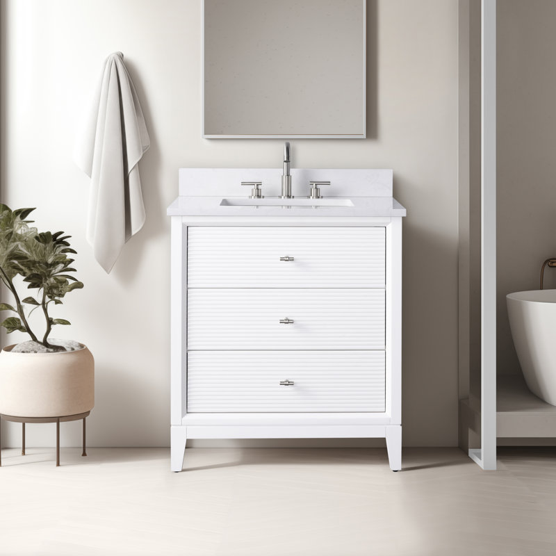 Caldwell 30" Single Sink Freestanding Bathroom Vanity with Engineered Marble Top, White, Brushed Nickel, Ariston White