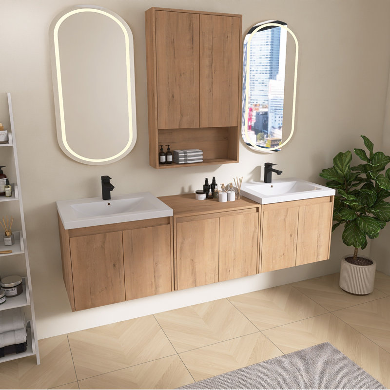 Meuble-lavabo mural double 72 po avec lavabo en résine Vowar, 8 portes à fermeture douce et une armoire latérale