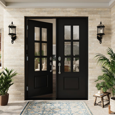 Entry Front Exterior Fiberglass Door 64" x 80"(2 * 32" x 80") Painted Black 6-Lite Clear Glass French Door With Jamb,Classic Design & Modern Style & Long-Lasting Use, Left-Hand Inswing (Not Included Hardware Kit)