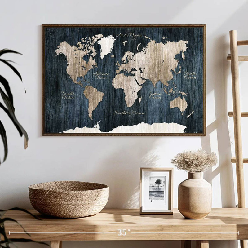 Carte du monde en bois vieilli, 25 po x 17 po, Cadre flottant en noyer