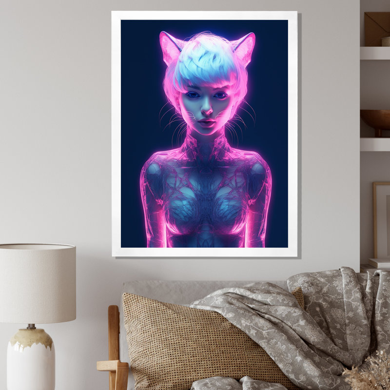 Catgirl in Neon I - reproduction sur toile, Cadre simple blanc, H 40 po x l 30 po x P 1,5 po