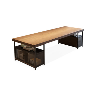 Brown + Black Rectangular Solid Wood + Iron desk