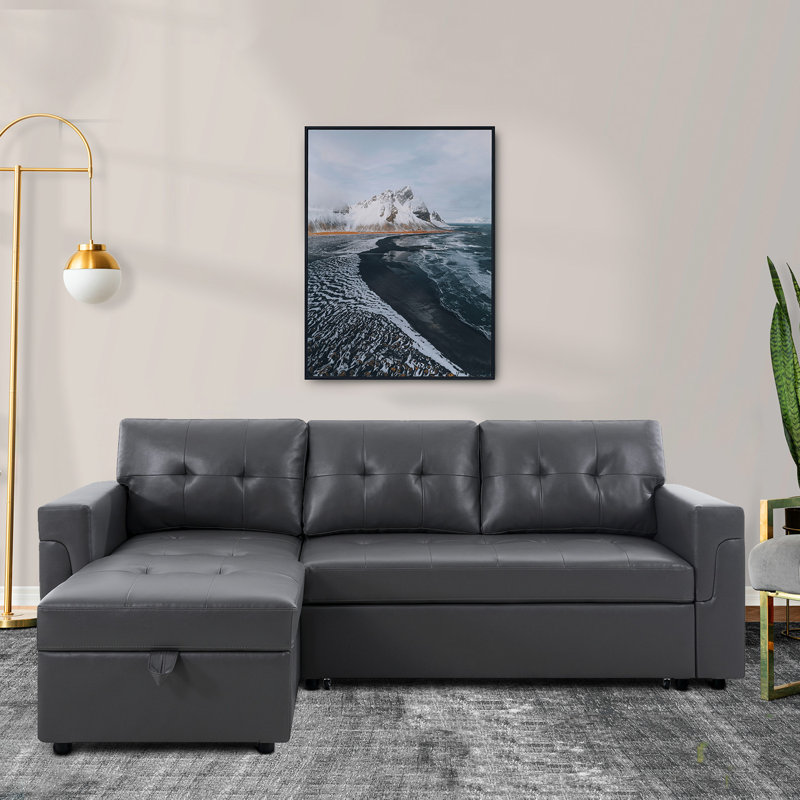 Rahjan L-Shaped Sectional Sleeper Sofa – Reversible Couch with Storage, Dark Gray Faux Leather