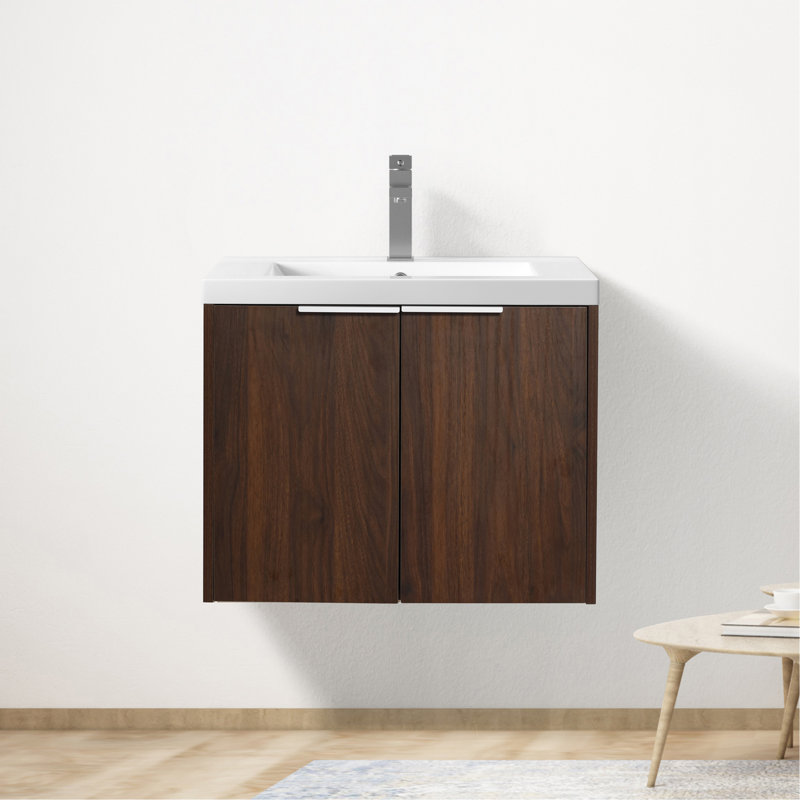 Armoire de salle de bain avec lavabo en résine, portes à fermeture douce, conception à fixation flottante, Noyer, 24"