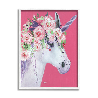 " Pink Florals Purple Unicorn Mythical Animal Portrait " by Janet Tava Painting Print