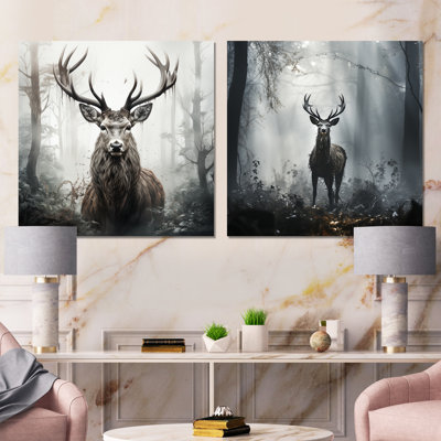 Grey Deer Portrait In Mystic Forest I - Deer Wall Decor Set Of 2