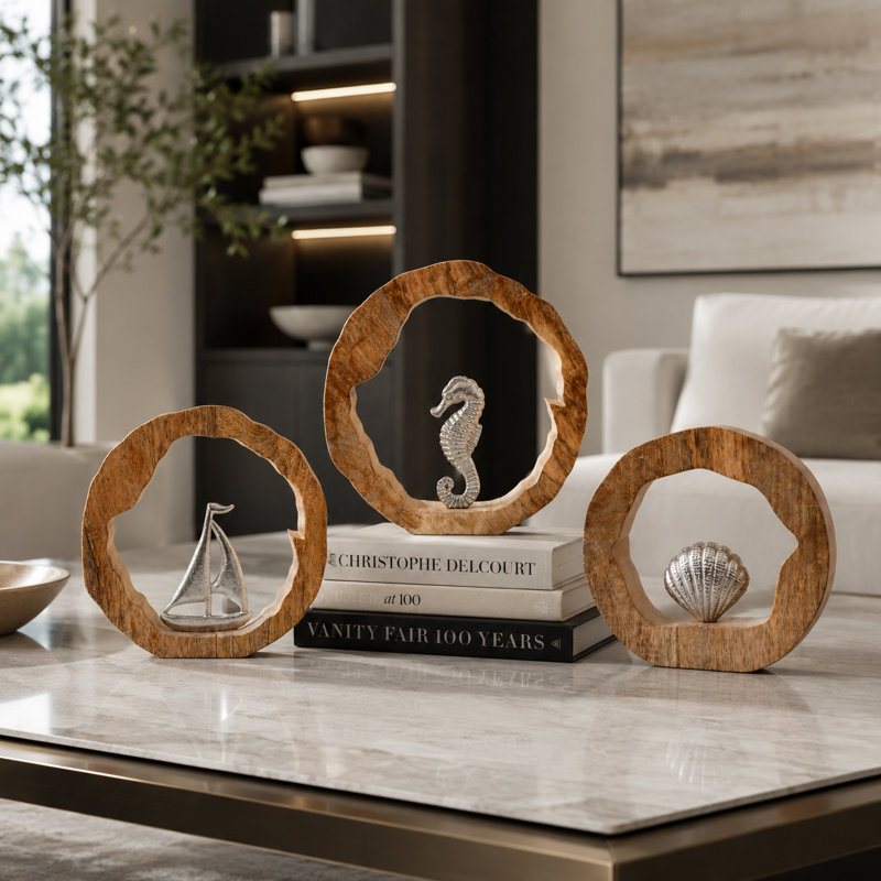 Ensemble de 3 figurines décoratives de style bord de mer Amanie sur des sculptures rondes en bois pour la décoration intérieure